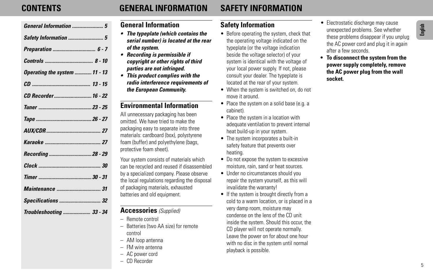 Contents general information safety information | Philips FW930SR User Manual | Page 5 / 34