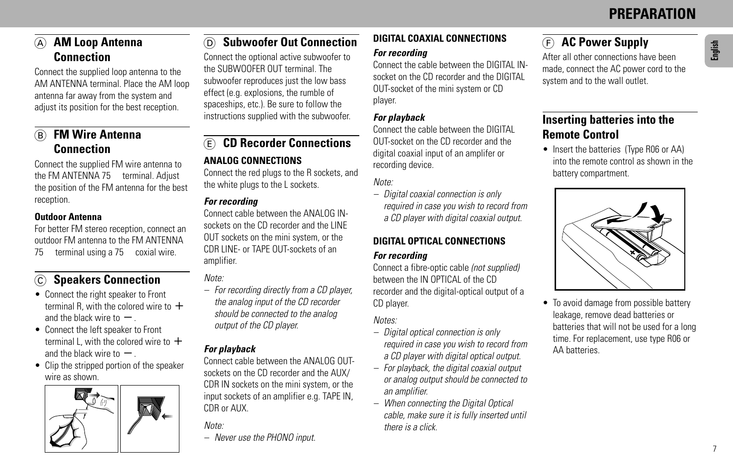 Preparation, A am loop antenna connection, B fm wire antenna connection | C speakers connection, D subwoofer out connection, E cd recorder connections, F ac power supply, Inserting batteries into the remote control | Philips FW930SR User Manual | Page 7 / 34