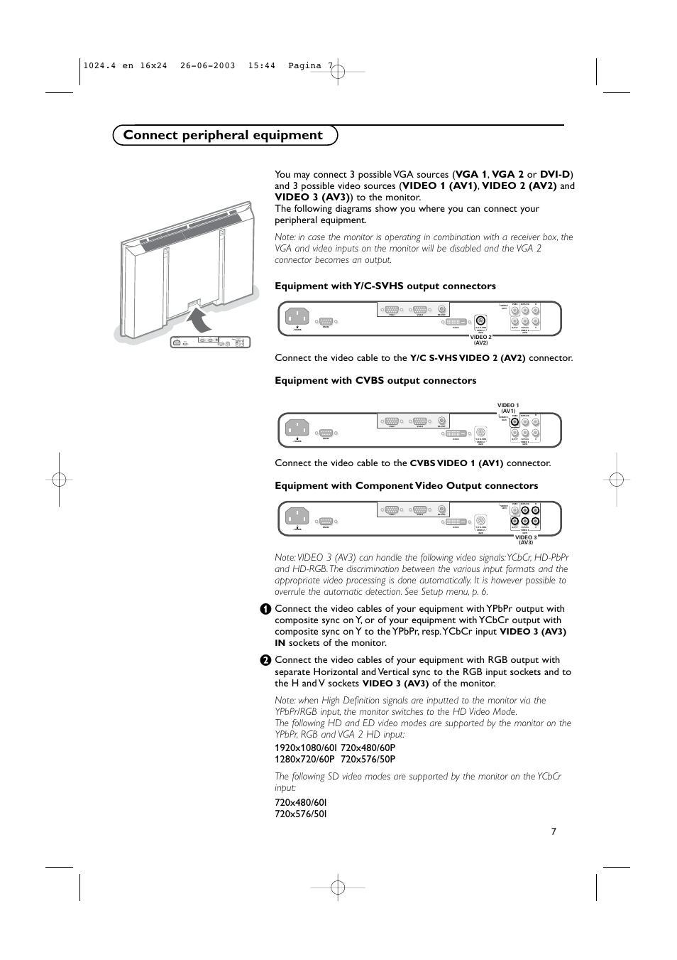 Connect peripheral equipment, Y/c s-vhs video 2 (av2), Cvbs video 1 (av1) | Video 3 (av3) in, Video 3 (av3) | Philips RS232 User Manual | Page 10 / 13