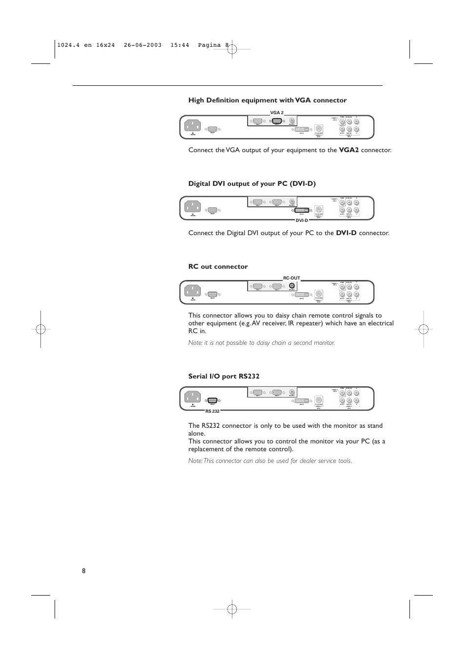 Dvi-d, Vga 2, Rs 232 | Rc-out | Philips RS232 User Manual | Page 11 / 13