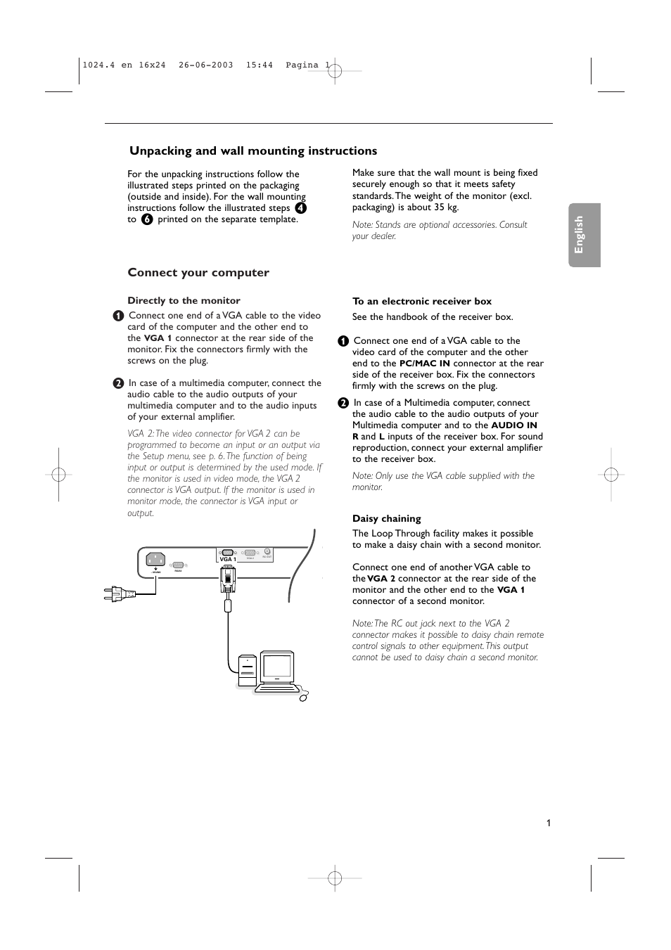Connect your computer, Unpacking and wall mounting instructions | Philips RS232 User Manual | Page 4 / 13