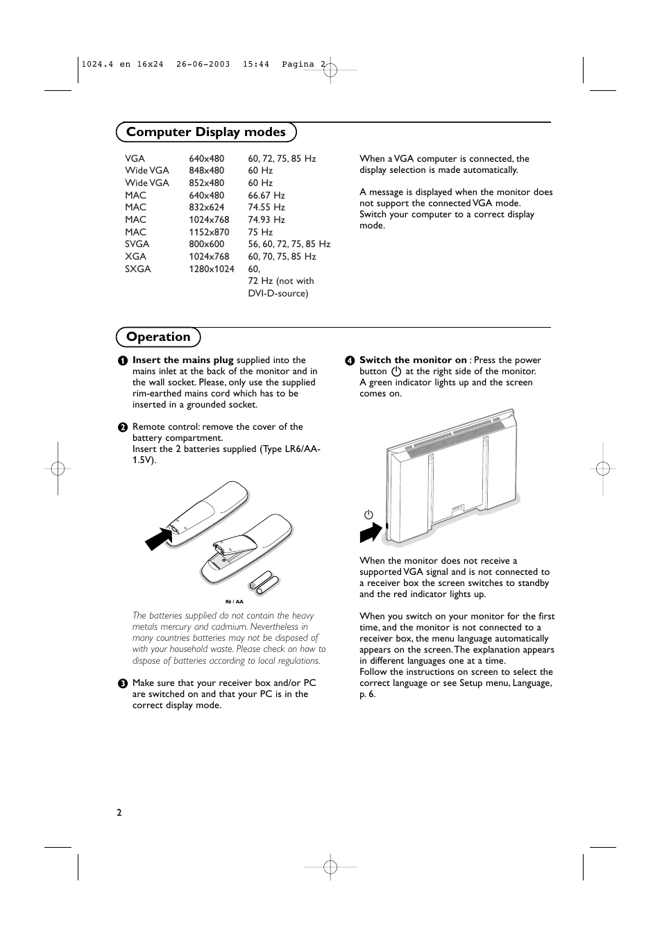 Computer display modes operation | Philips RS232 User Manual | Page 5 / 13