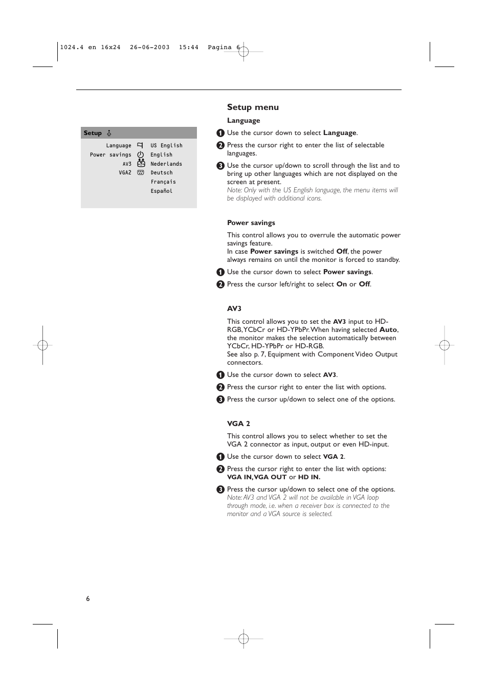 Setup menu | Philips RS232 User Manual | Page 9 / 13