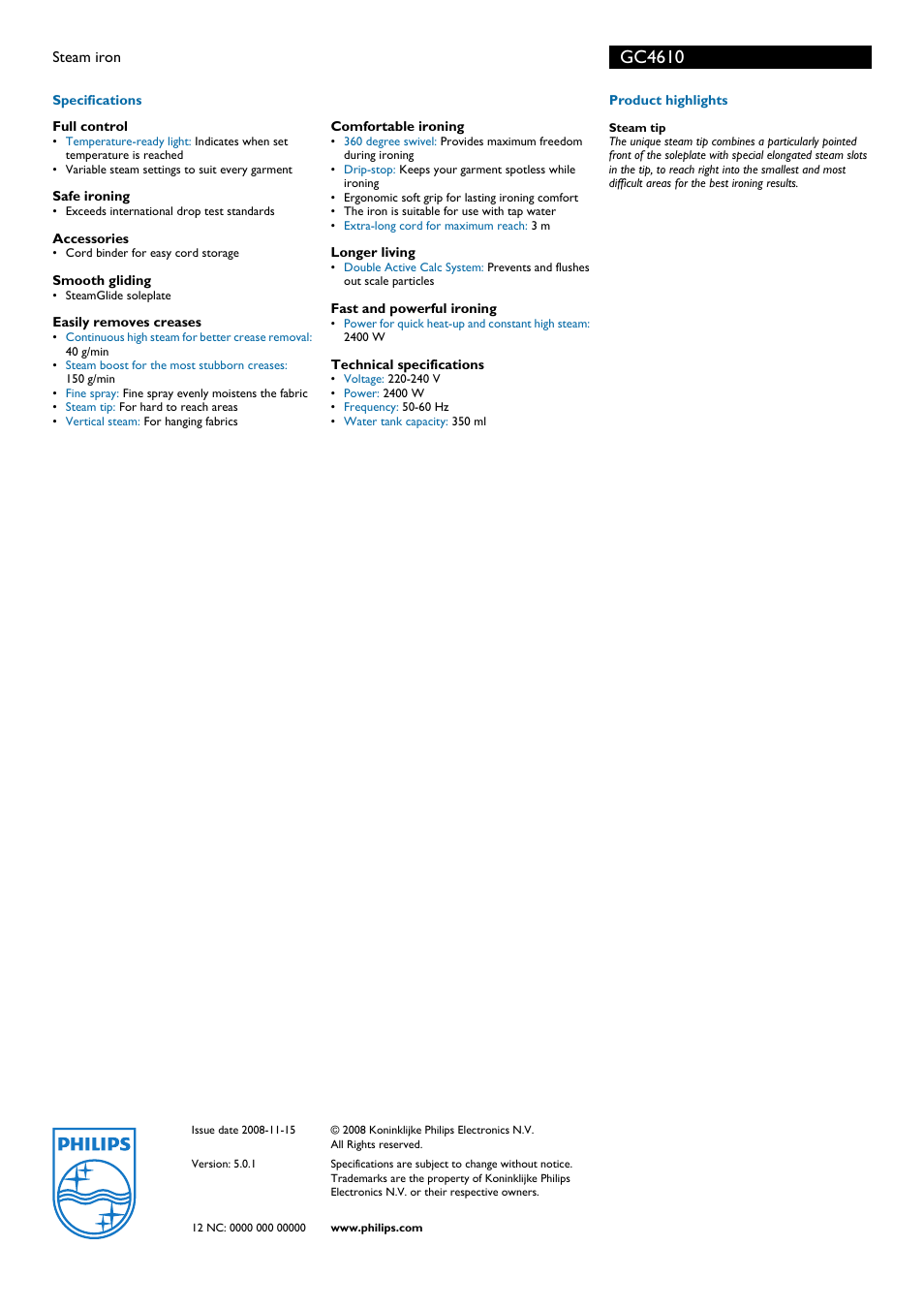 Gc4610 | Philips GC4610 User Manual | Page 2 / 2