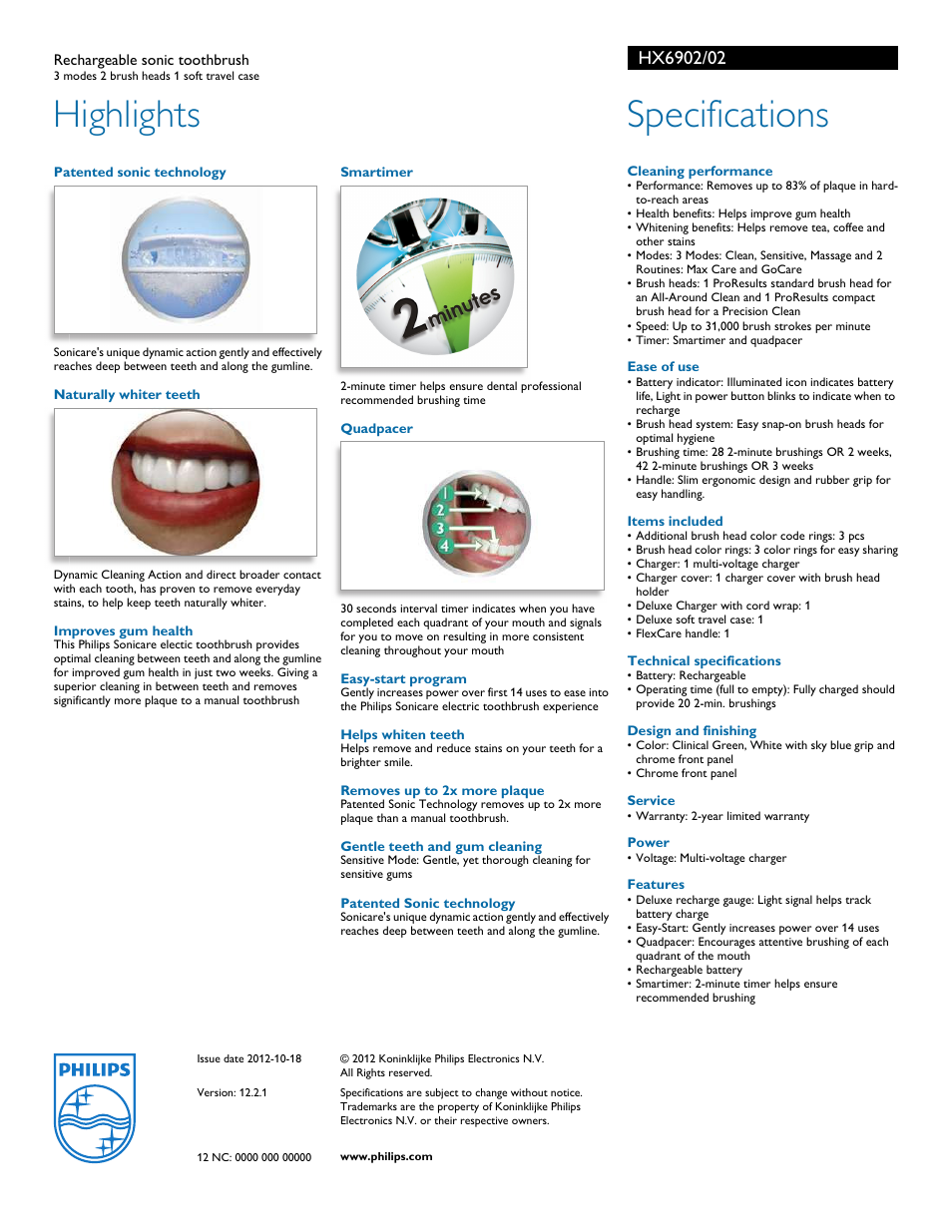 Highlights, Specifications | Philips HX6902/02 User Manual | Page 2 / 2