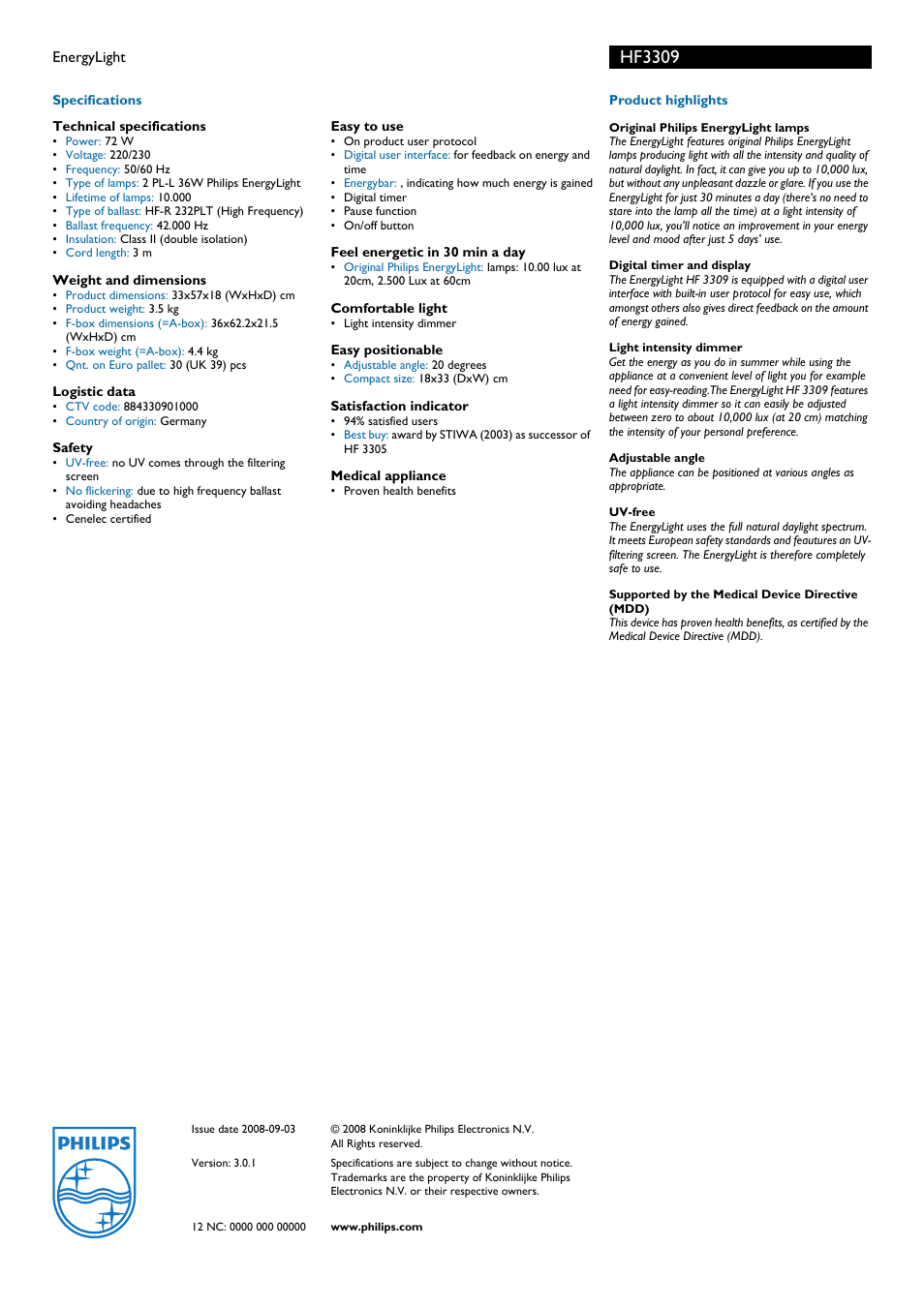 Hf3309 | Philips HF3309 User Manual | Page 2 / 2