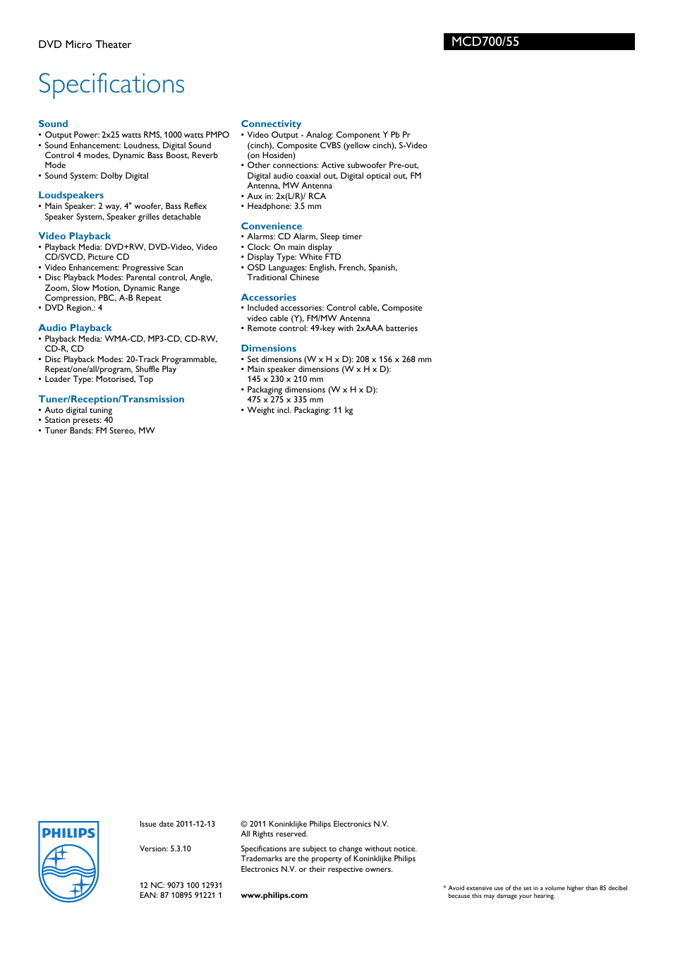 Specifications | Philips - MCD700 User Manual | Page 3 / 3