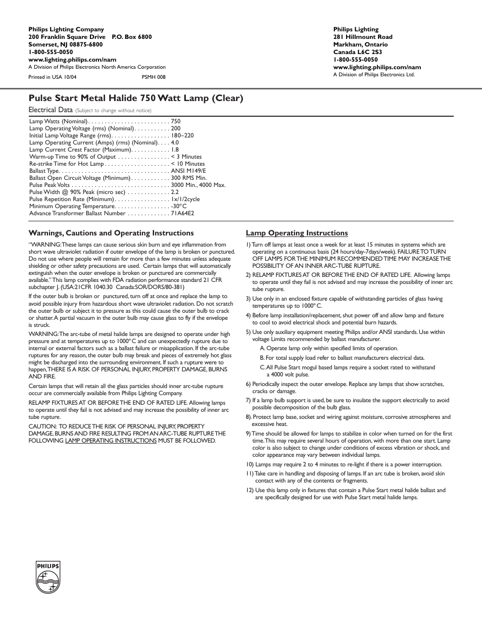 Pulse start metal halide 750 watt lamp (clear) | Philips 135400 User Manual | Page 2 / 2