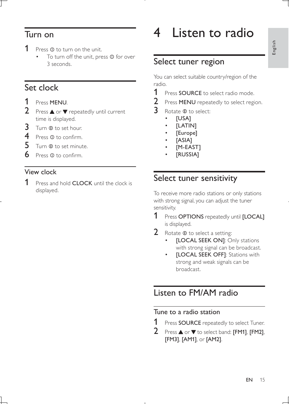 4 listen to radio, Select tuner region, Select tuner sensitivity | Listen to fm/am radio, Turn on 1, Set clock 1 | Philips CEM2000B User Manual | Page 14 / 28