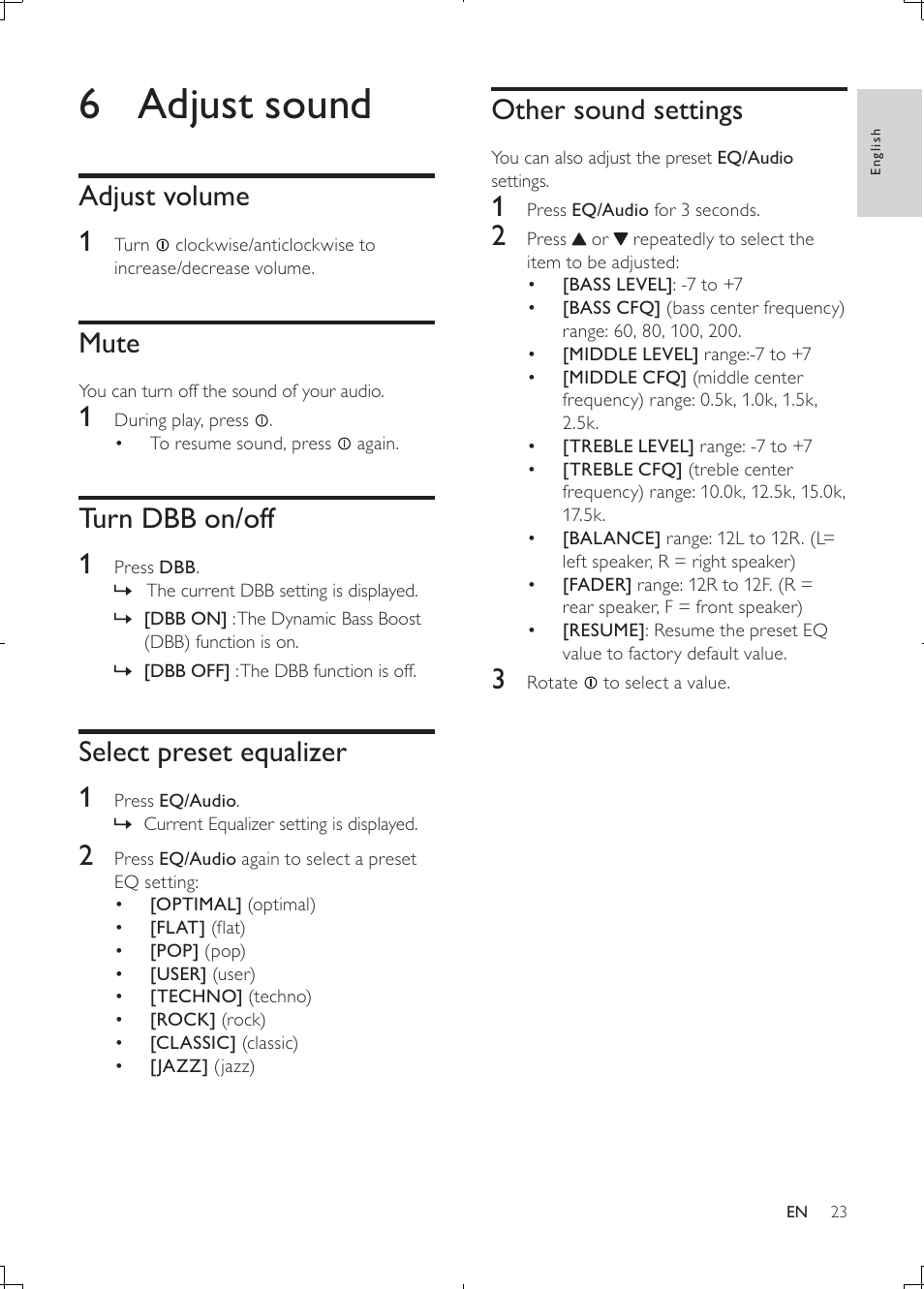 6 adjust sound, Other sound settings, Adjust volume 1 | Mute, Turn dbb on/off 1, Select preset equalizer 1 | Philips CEM2000B User Manual | Page 22 / 28
