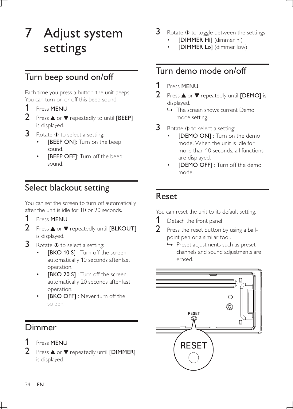 7 adjust system settings, Turn demo mode on/off 1, Reset | Turn beep sound on/off, Select blackout setting, Dimmer 1 | Philips CEM2000B User Manual | Page 23 / 28