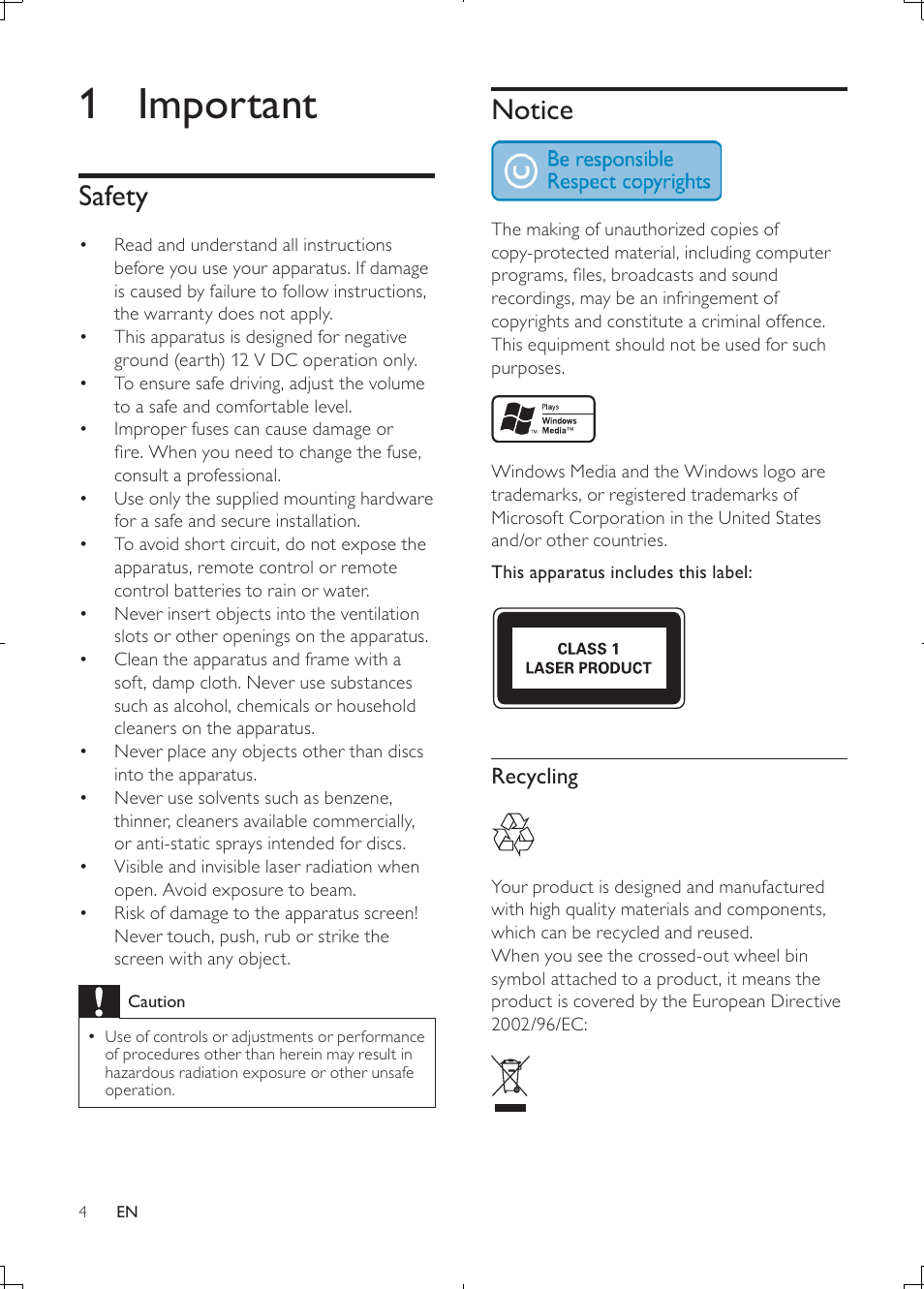 1 important | Philips CEM2000B User Manual | Page 3 / 28