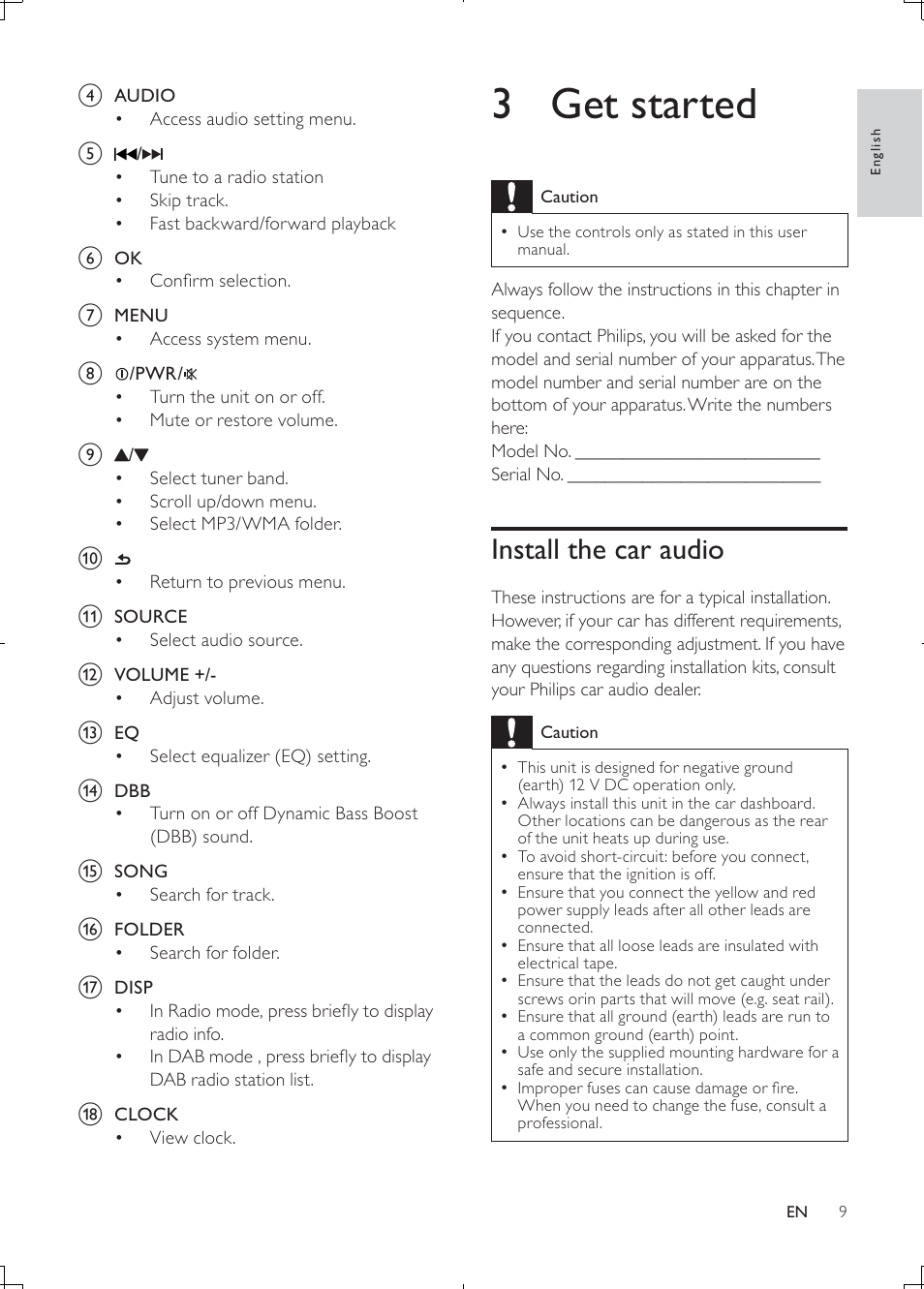 3 get started, Install the car audio | Philips CEM2000B User Manual | Page 8 / 28