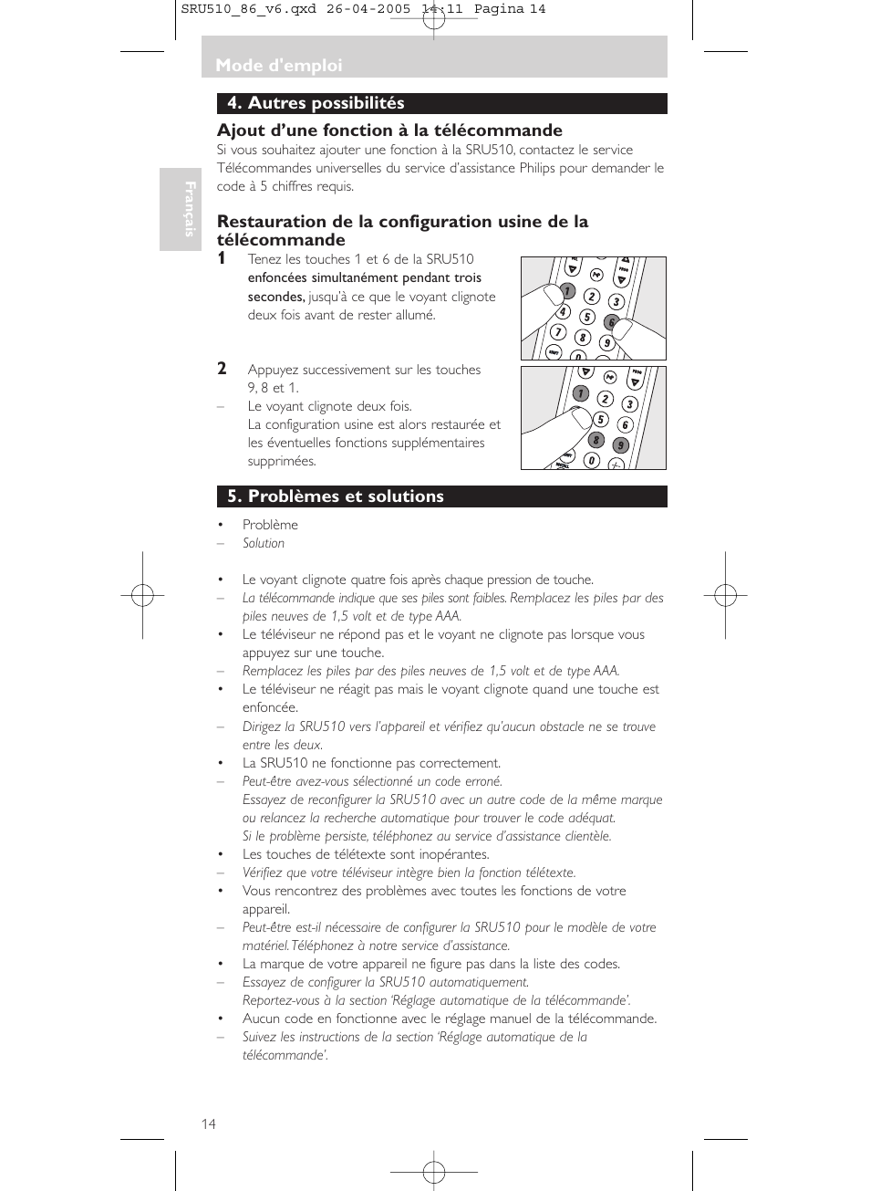 Mode d’emploi, Problèmes et solutions | Philips SRU 510/86 User Manual | Page 14 / 60