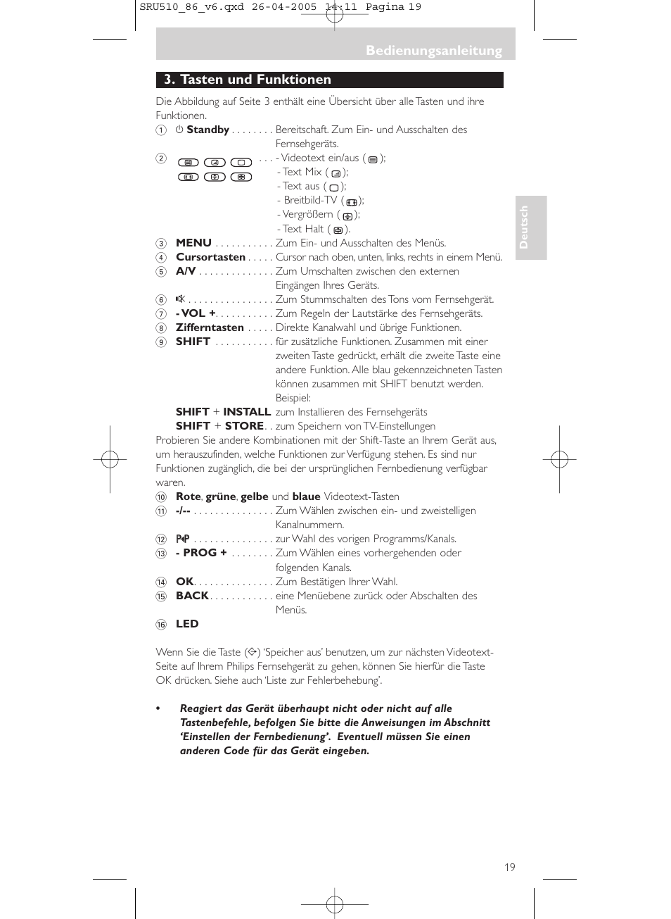 Bedienungsanleitung, Bedienungsanleitung 3. tasten und funktionen | Philips SRU 510/86 User Manual | Page 19 / 60