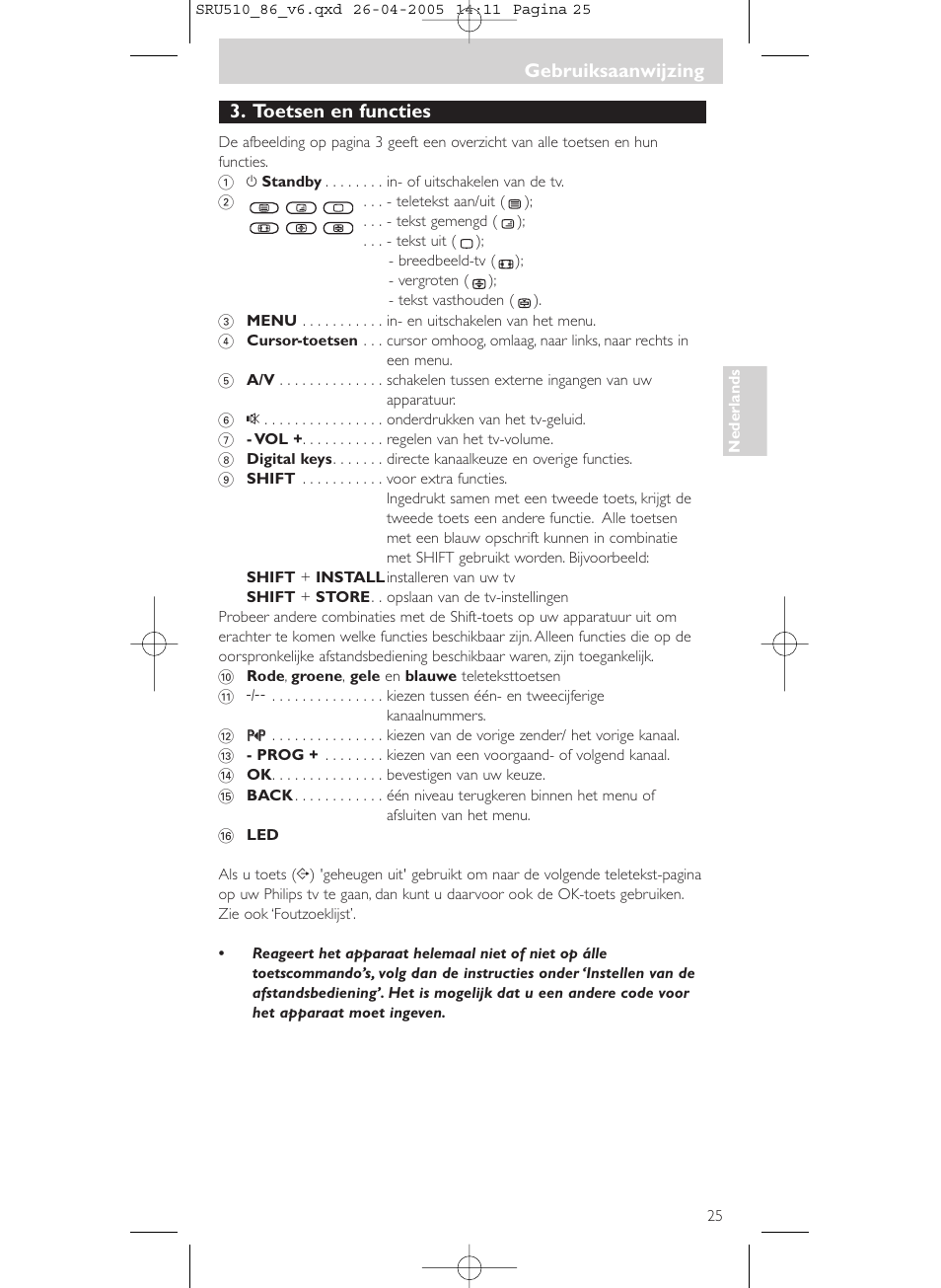 Gebruiksaanwijzing, Gebruiksaanwijzing 3. toetsen en functies | Philips SRU 510/86 User Manual | Page 25 / 60