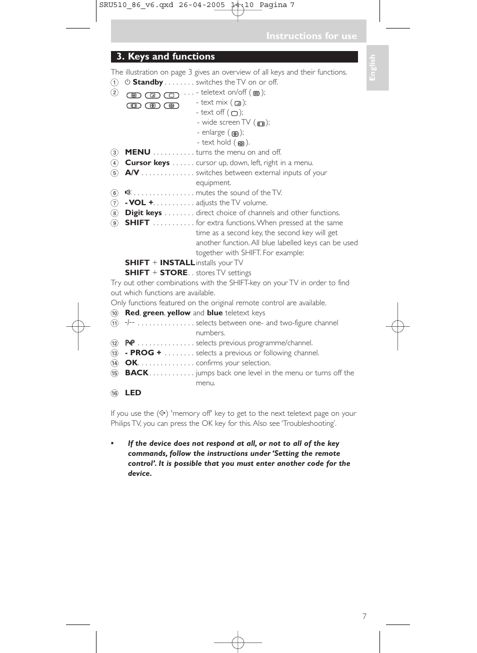 Keys and functions, Instructions for use | Philips SRU 510/86 User Manual | Page 7 / 60