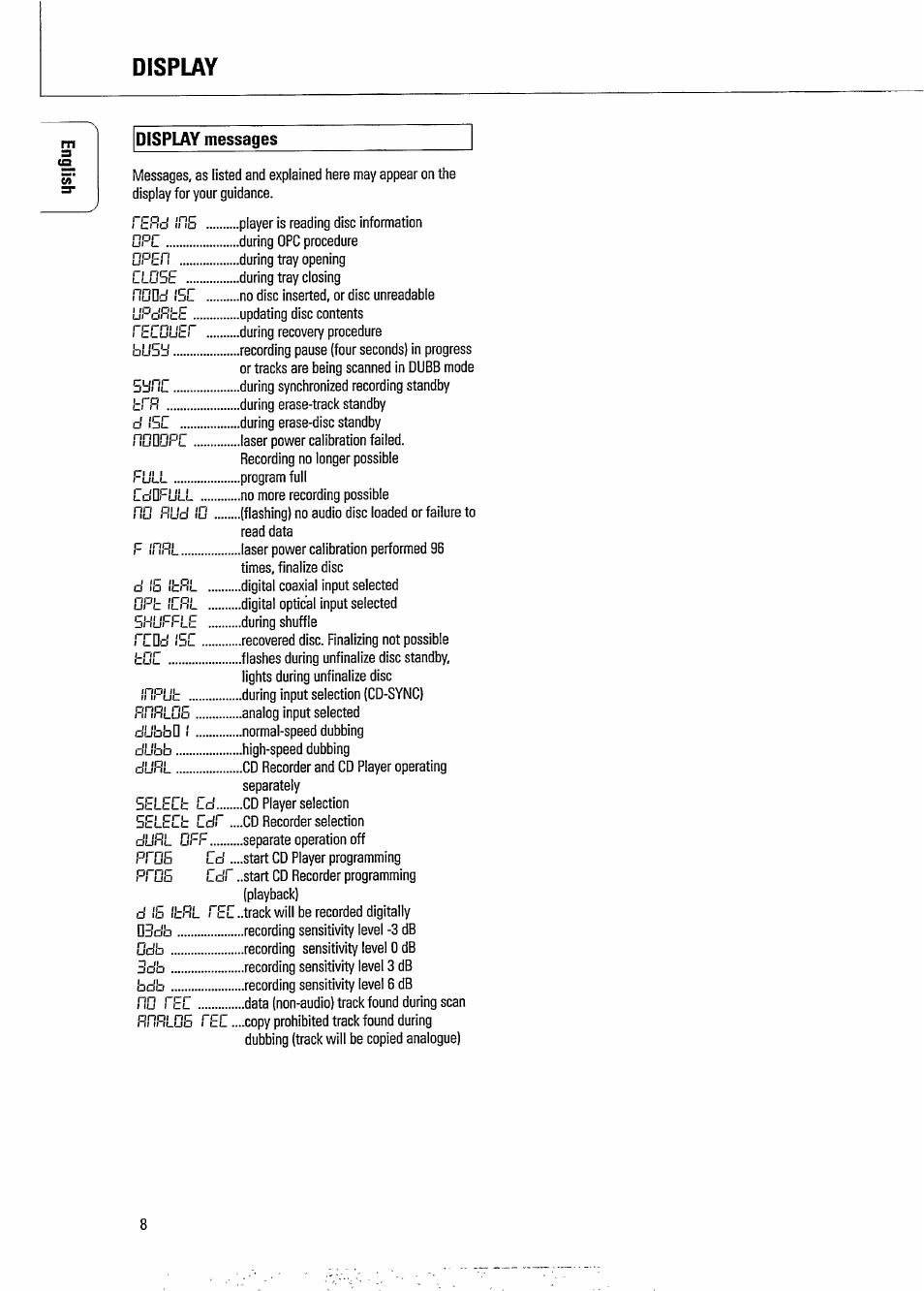 Display, Display messages, Player is reading disc information | During opc procedure during tray opening, Analog input selected dubbd, Cd recorder selection durb, Separate operation off, Start cd player programming, Start cd recorder programming, Playback) ..track will be recorded digitally | Philips CDR 765 User Manual | Page 10 / 28