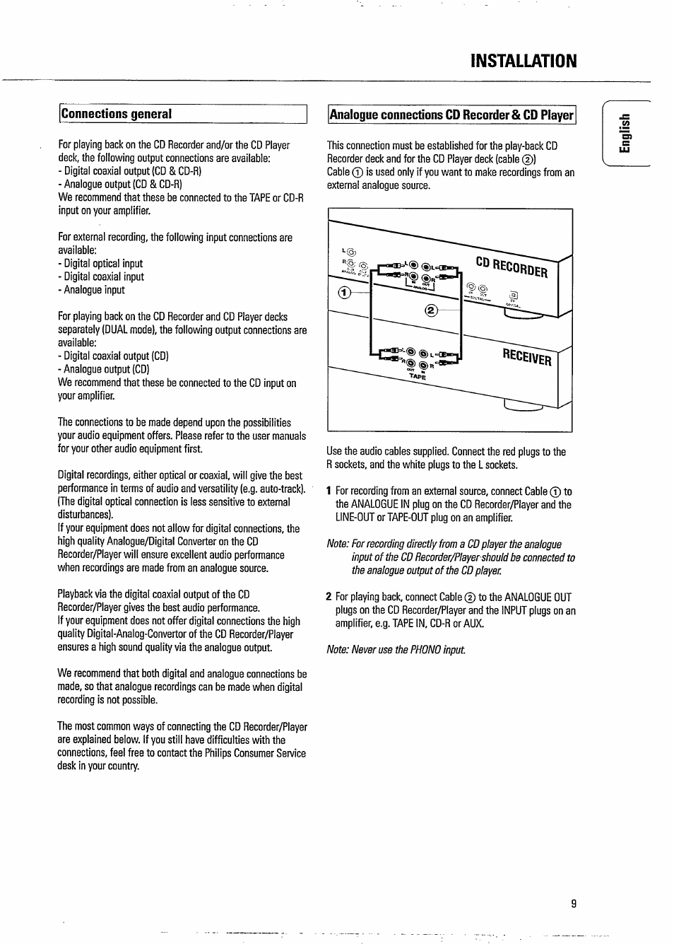 Connections general, Analogue connections cd recorder & cd player, Installation | Philips CDR 765 User Manual | Page 11 / 28