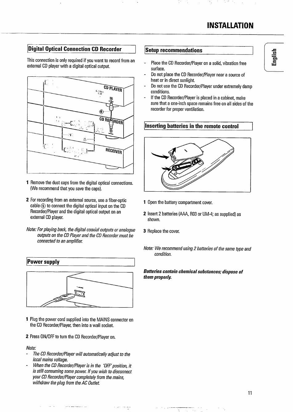 Digital optical connection cd recorder, Setup recommendations, Power supply | Digital optical connections cd recorder, Set-up recommendations, Installation | Philips CDR 765 User Manual | Page 13 / 28