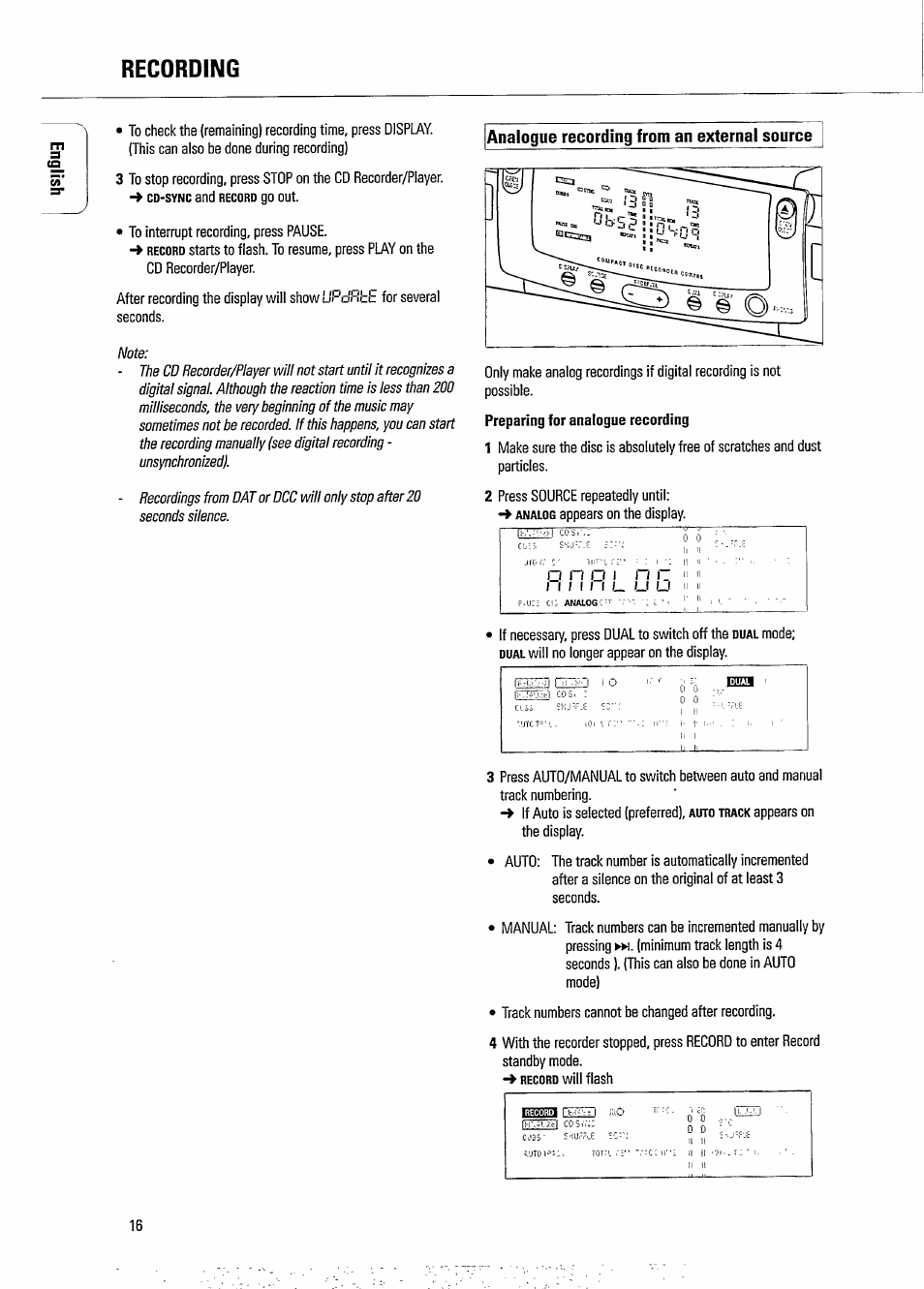 Recording, For several seconds, If necessary, press dual to switch off the | Mode, Will no longer appear on the display, Analogue recording from an external source, Preparing for analogue recording | Philips CDR 765 User Manual | Page 18 / 28