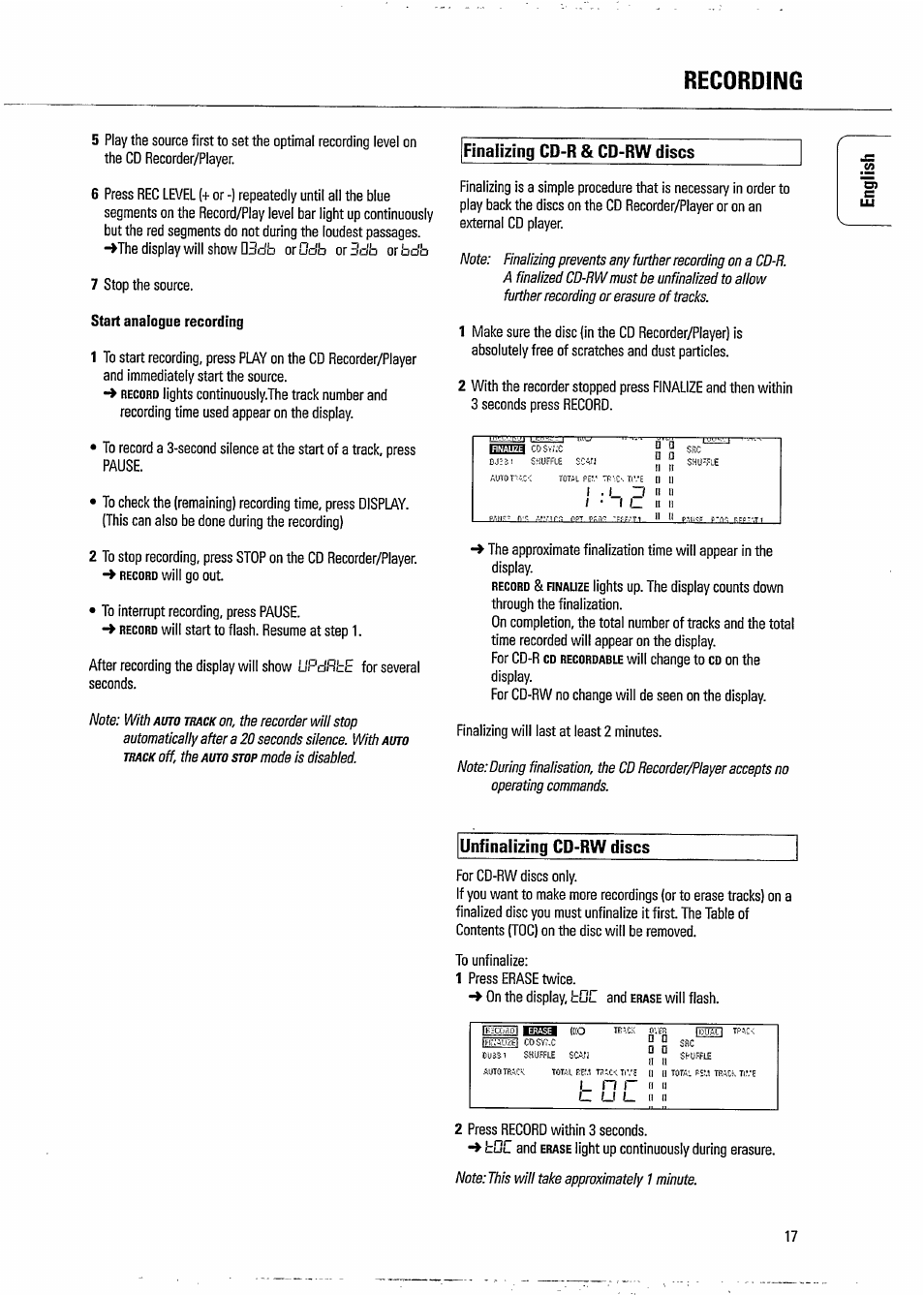 Unfinalizing cd-rw discs, Finalizing cd-r & cd-rw discs, Recording | Out. • to interrupt recording, press pause, Will, Step, Change to, Press erase twice. -♦ on the display, Will flash, 2 press record within 3 seconds. bdc | Philips CDR 765 User Manual | Page 19 / 28