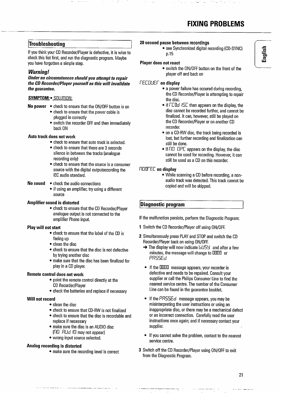 Fixing problems, Troubleshooting, Diagnostic program | Philips CDR 765 User Manual | Page 23 / 28