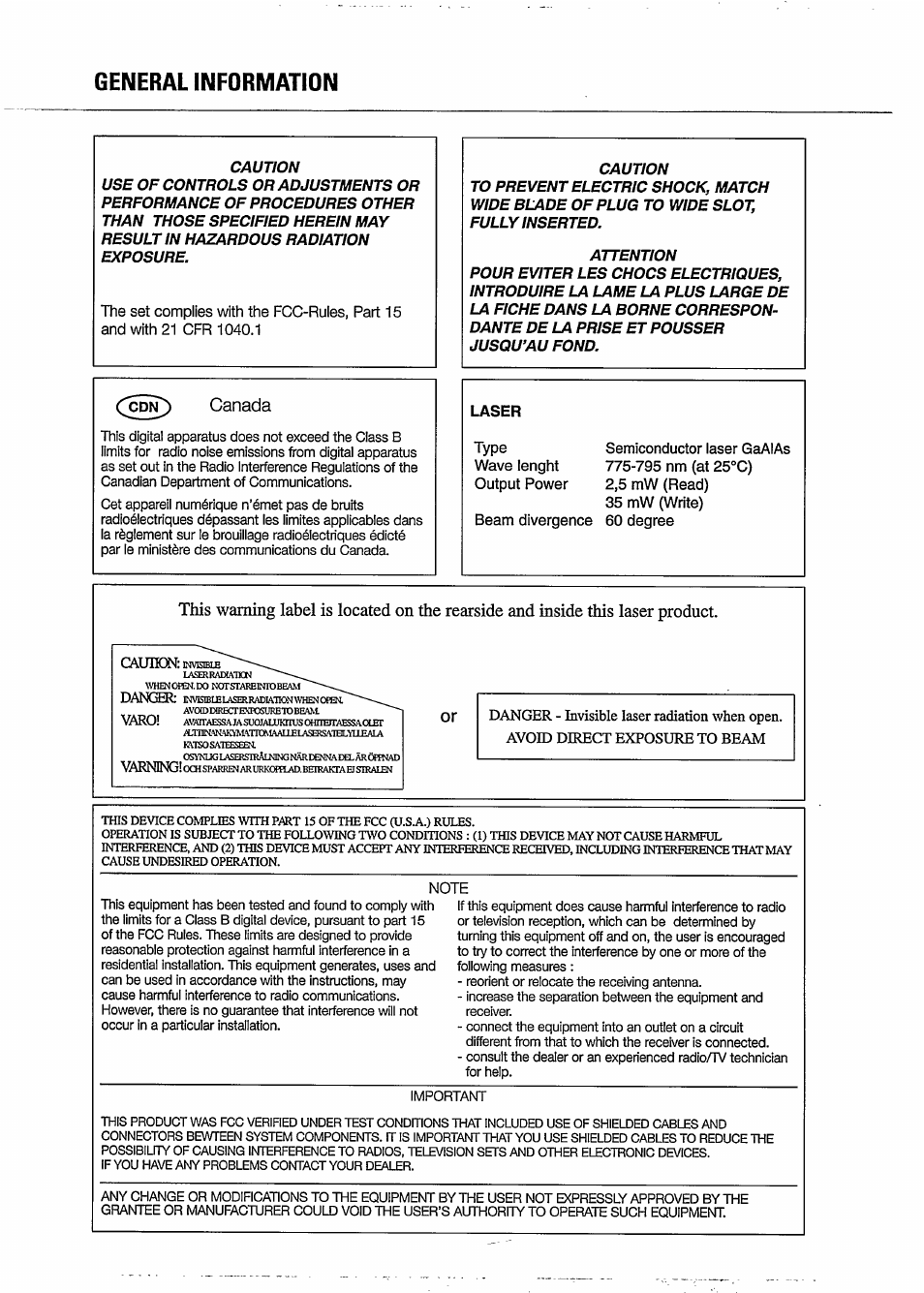 General information, Canada | Philips CDR 765 User Manual | Page 3 / 28