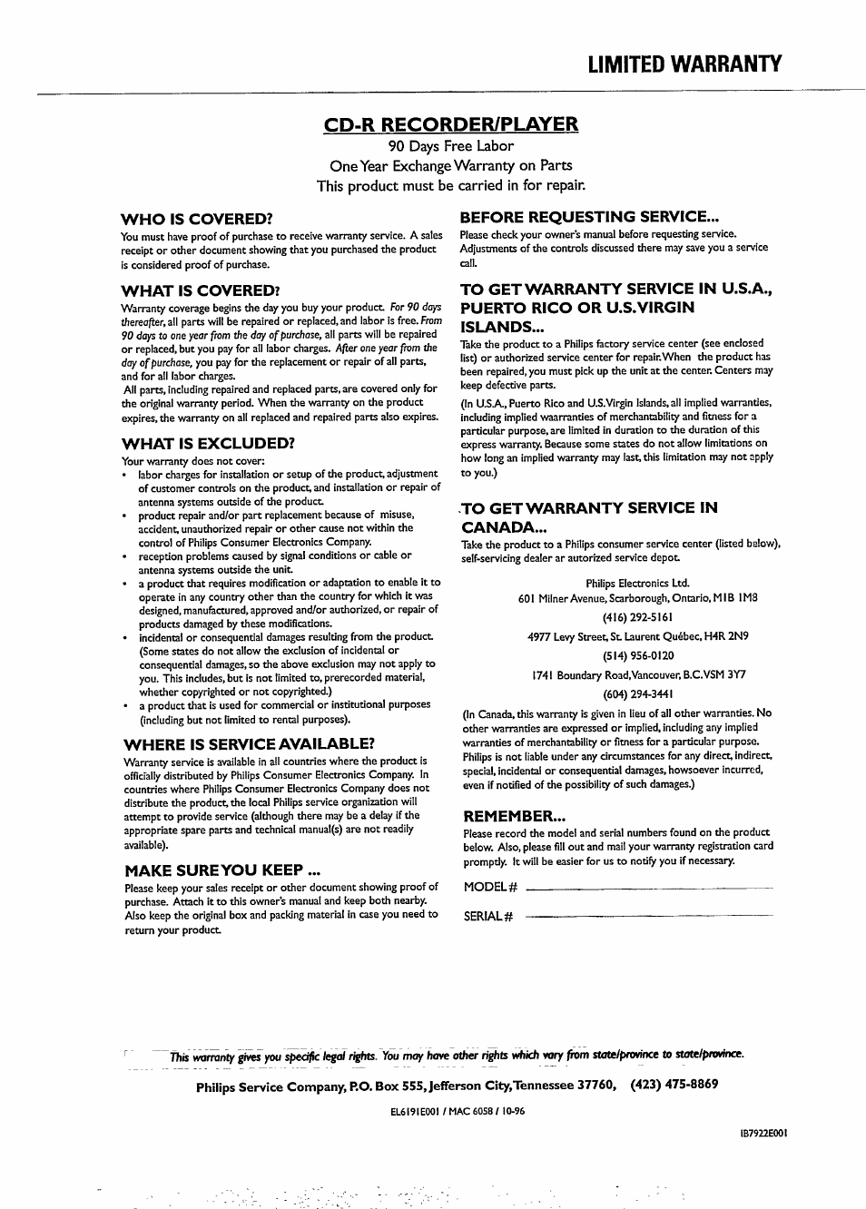 Limited warranty, Cp-r recorder/player, Who is covered | What is covered, What is excluded, Where is service available, Make sureyou keep, Before requesting service, Remember | Philips CDR 765 User Manual | Page 4 / 28