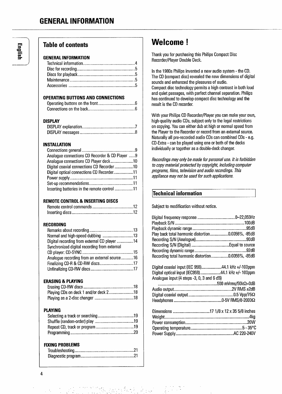 General information, Welcome | Philips CDR 765 User Manual | Page 6 / 28