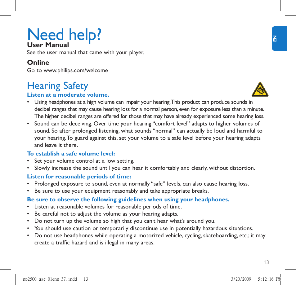 Need help, Hearing safety | Philips Streamium NP2500/37B User Manual | Page 15 / 21