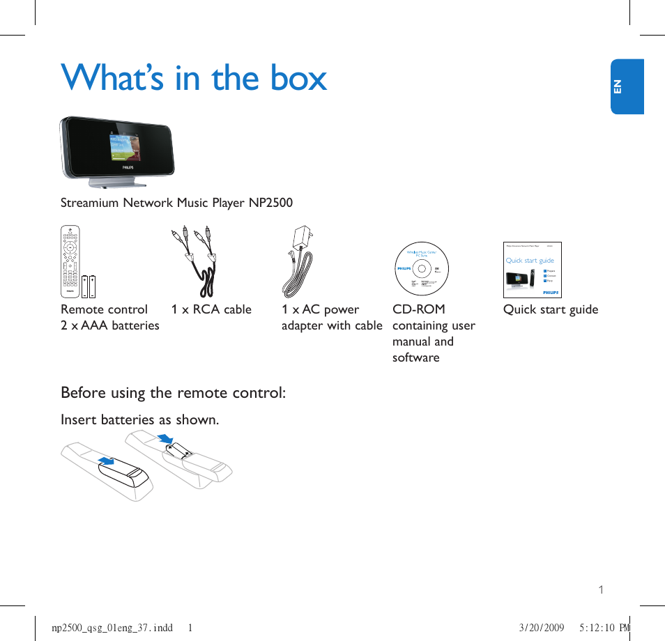 What’s in the box, Before using the remote control, Insert batteries as shown | Philips Streamium NP2500/37B User Manual | Page 3 / 21