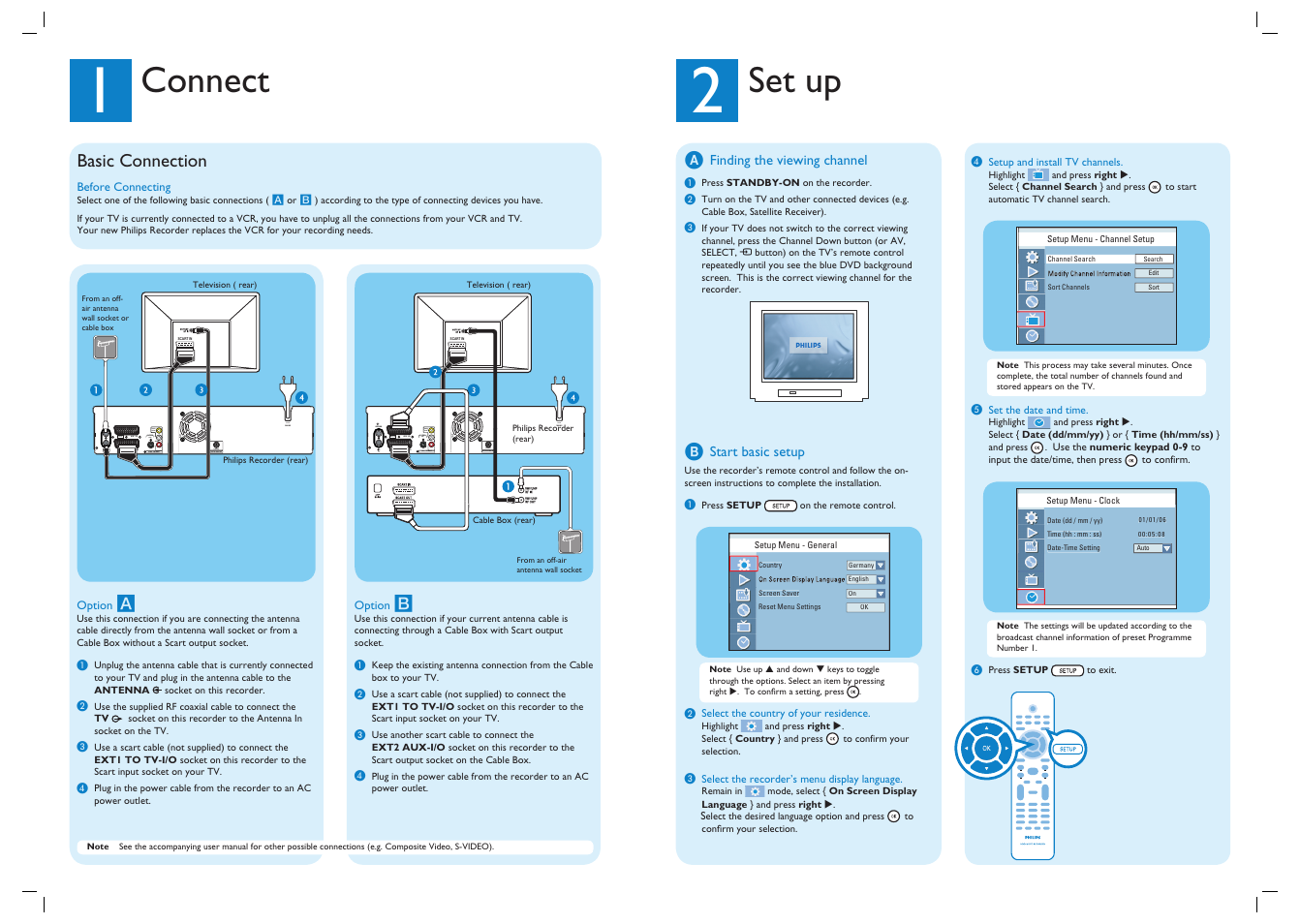 Connect, Set up, Basic connection | Philips DVDR3432V/12 User Manual | Page 2 / 2