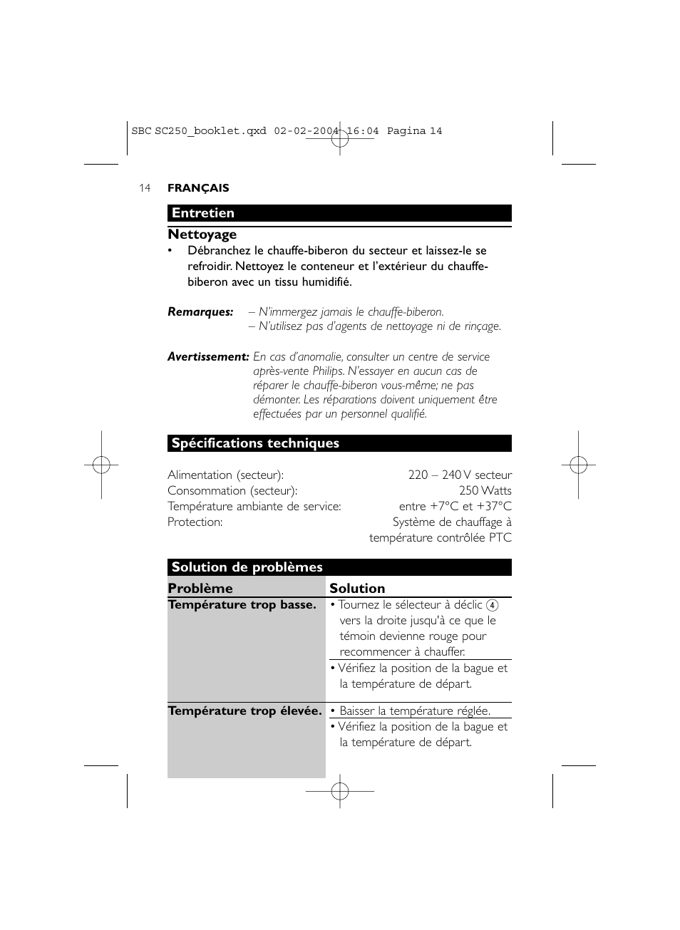 Philips SC250SBC User Manual | Page 14 / 76