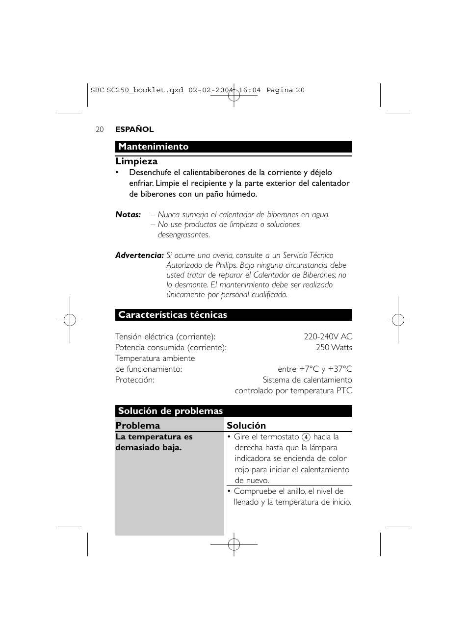 Philips SC250SBC User Manual | Page 20 / 76