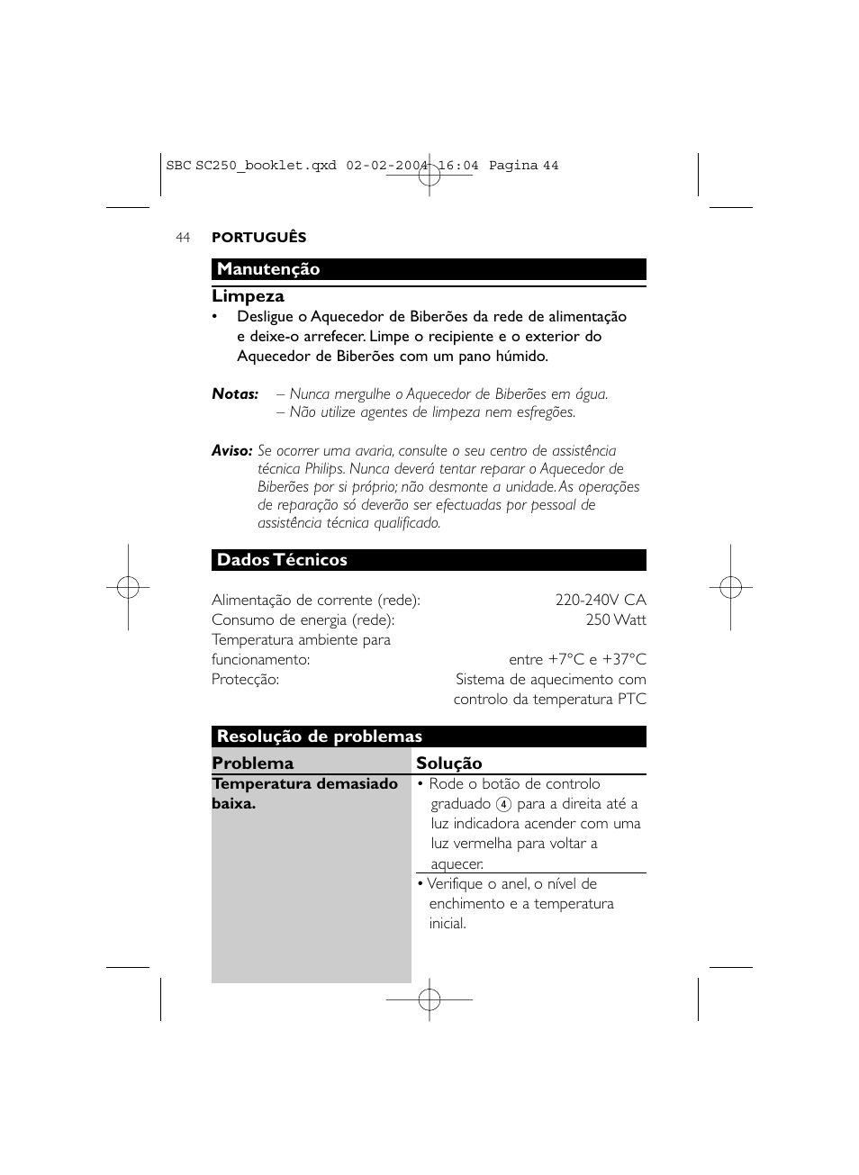Philips SC250SBC User Manual | Page 44 / 76