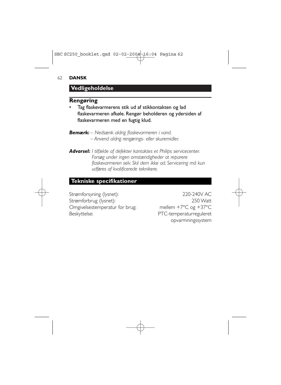 Philips SC250SBC User Manual | Page 62 / 76