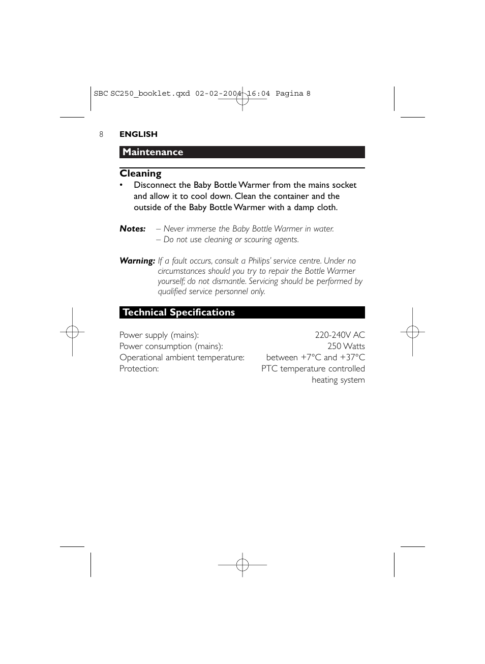 Philips SC250SBC User Manual | Page 8 / 76
