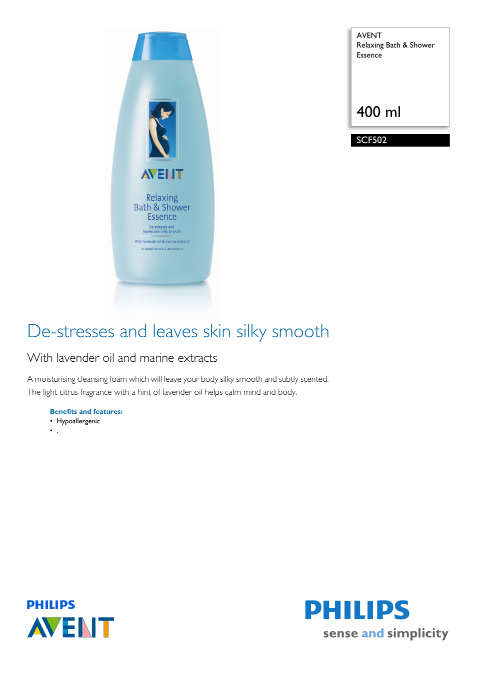 Philips Relaxing Bath & Shower Essence SCF502/40 User Manual | 2 pages