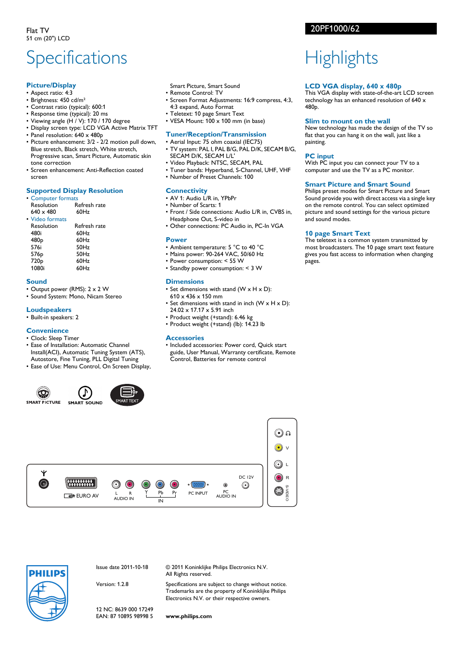 Specifications, Highlights | Philips 20PF1000 User Manual | Page 2 / 2