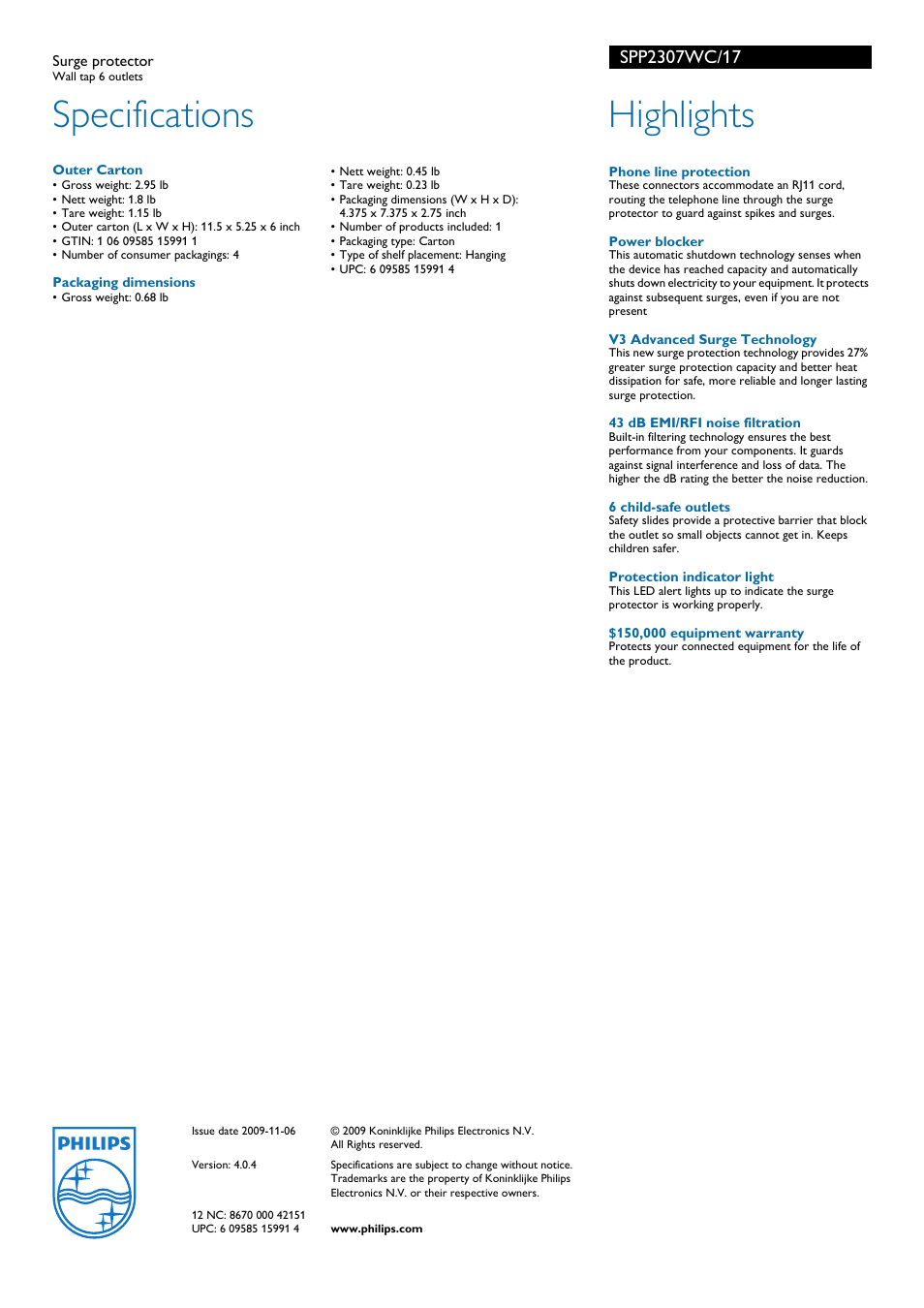Specifications, Highlights | Philips SPP2307WC User Manual | Page 2 / 2