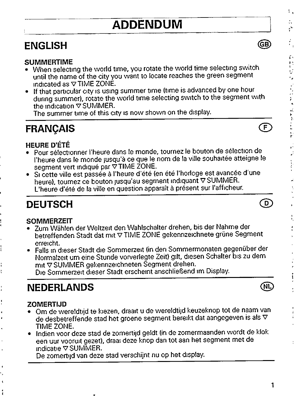 Addendum, English, Français | Deutsch, Nederlands | Philips AE 4200 User Manual | Page 4 / 9