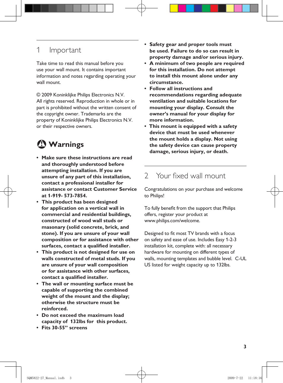 1 important, Warnings, 2 your fixed wall mount | Philips SQM5822/27 User Manual | Page 3 / 10