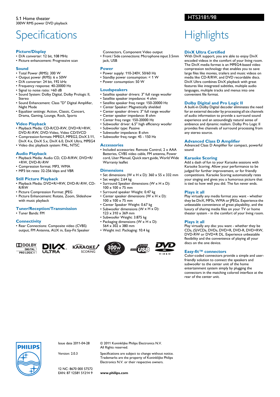 Specifications, Highlights | Philips HTS3181/98 User Manual | Page 2 / 2