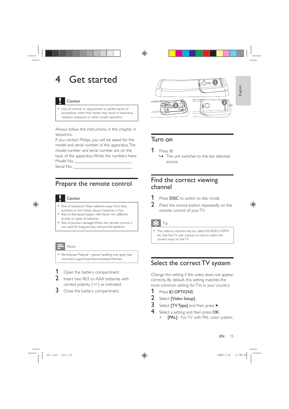 4 get started, Turn on 1, Find the correct viewing channel 1 | Select the correct tv system, Prepare the remote control | Philips HSB2351X User Manual | Page 15 / 36