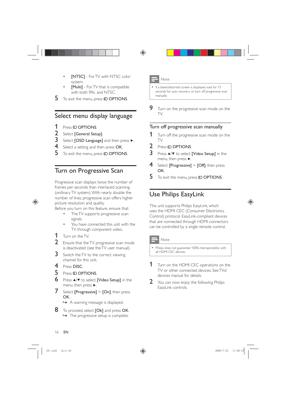 Use philips easylink, Select menu display language 1, Turn on progressive scan | Philips HSB2351X User Manual | Page 16 / 36