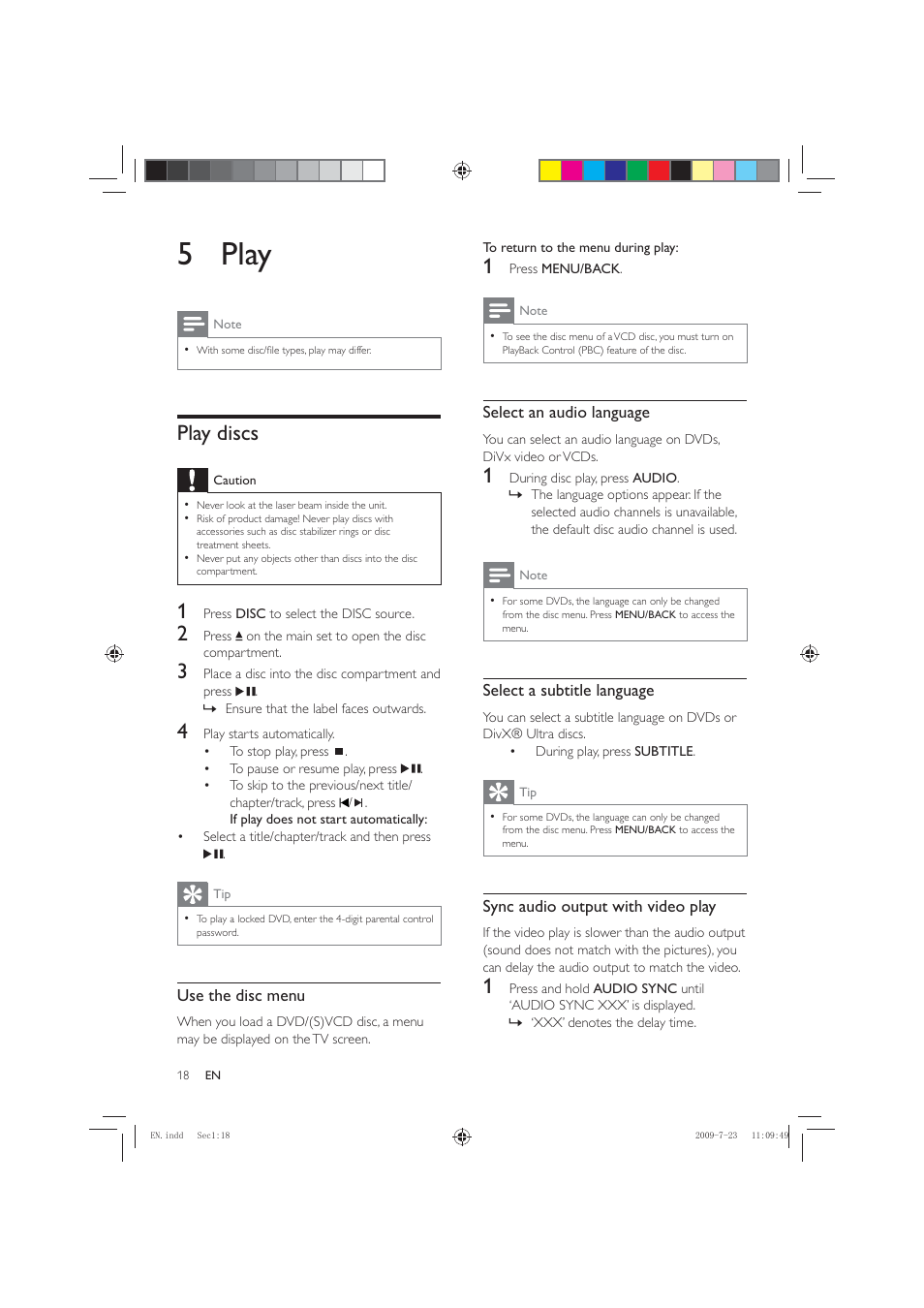 5 play, Play discs | Philips HSB2351X User Manual | Page 18 / 36