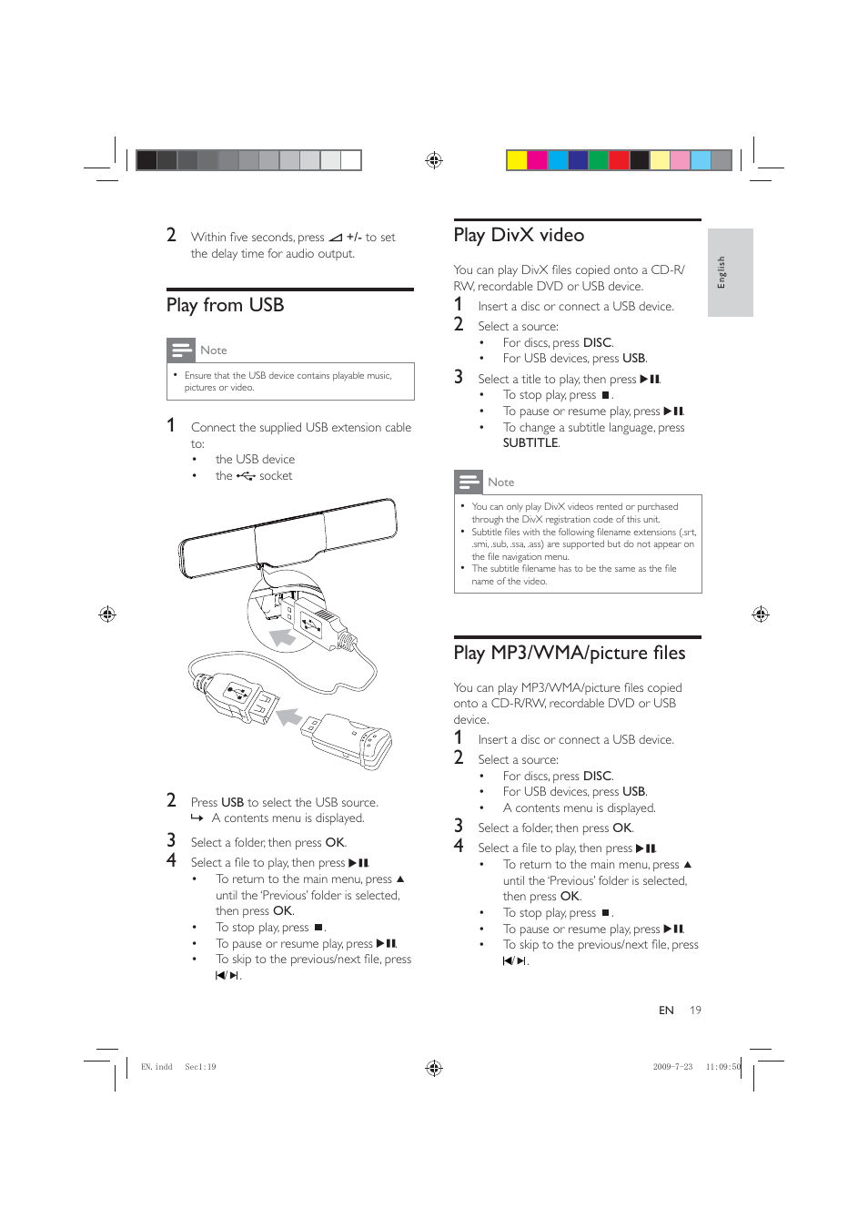 Play divx video, Play mp3/wma/picture à les, Play from usb | Philips HSB2351X User Manual | Page 19 / 36