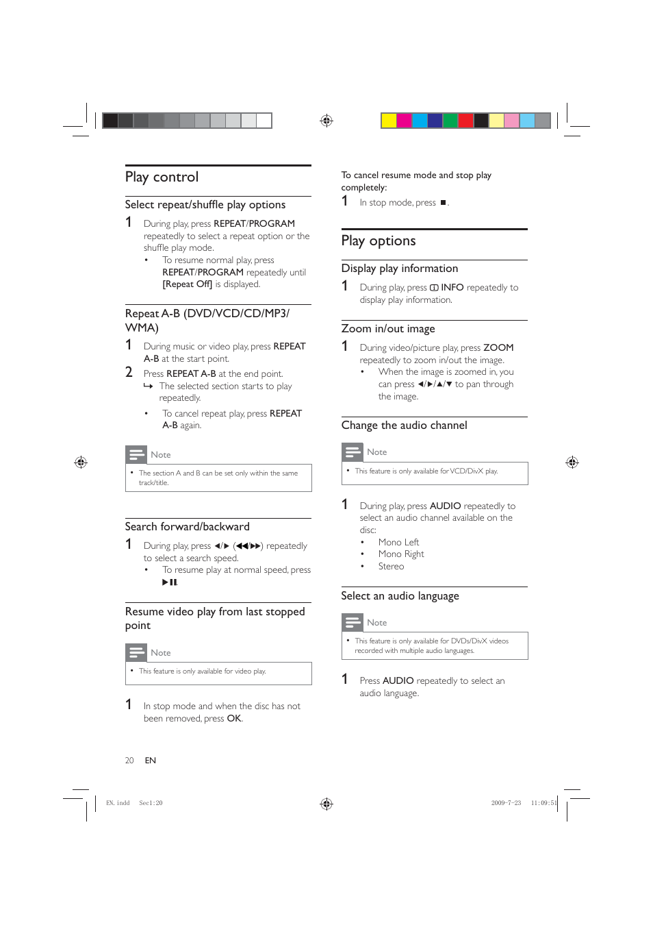 Play options, Play control | Philips HSB2351X User Manual | Page 20 / 36