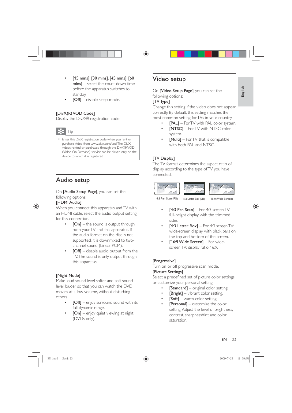 Video setup, Audio setup | Philips HSB2351X User Manual | Page 23 / 36